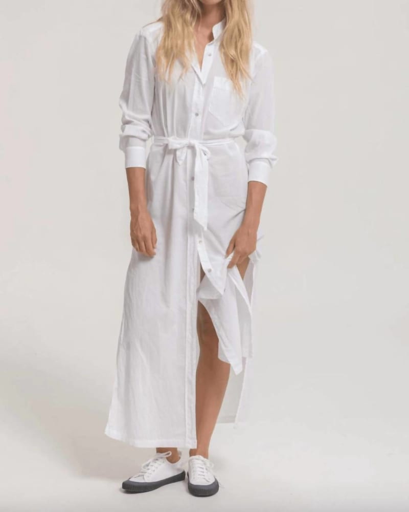 Front of a model wearing a size L The Shirt Dress in Pure White in Pure White by CALi DREAMiNG. | dia_product_style_image_id:340010